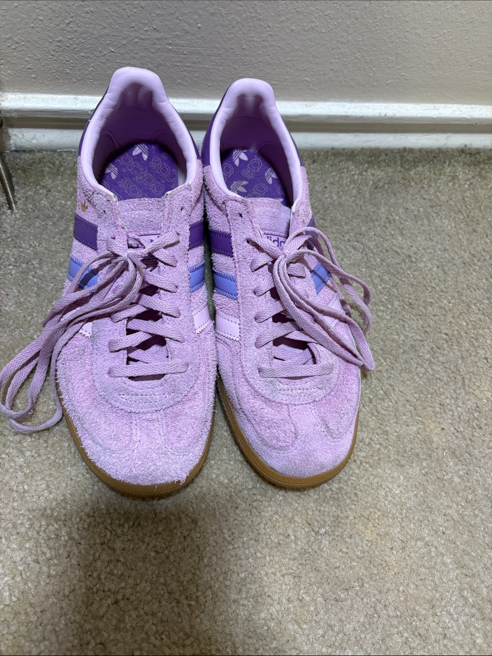 adidas Lavender Suede Sneakers with Purple and Light Blue Stripes - Picture 2 of 7